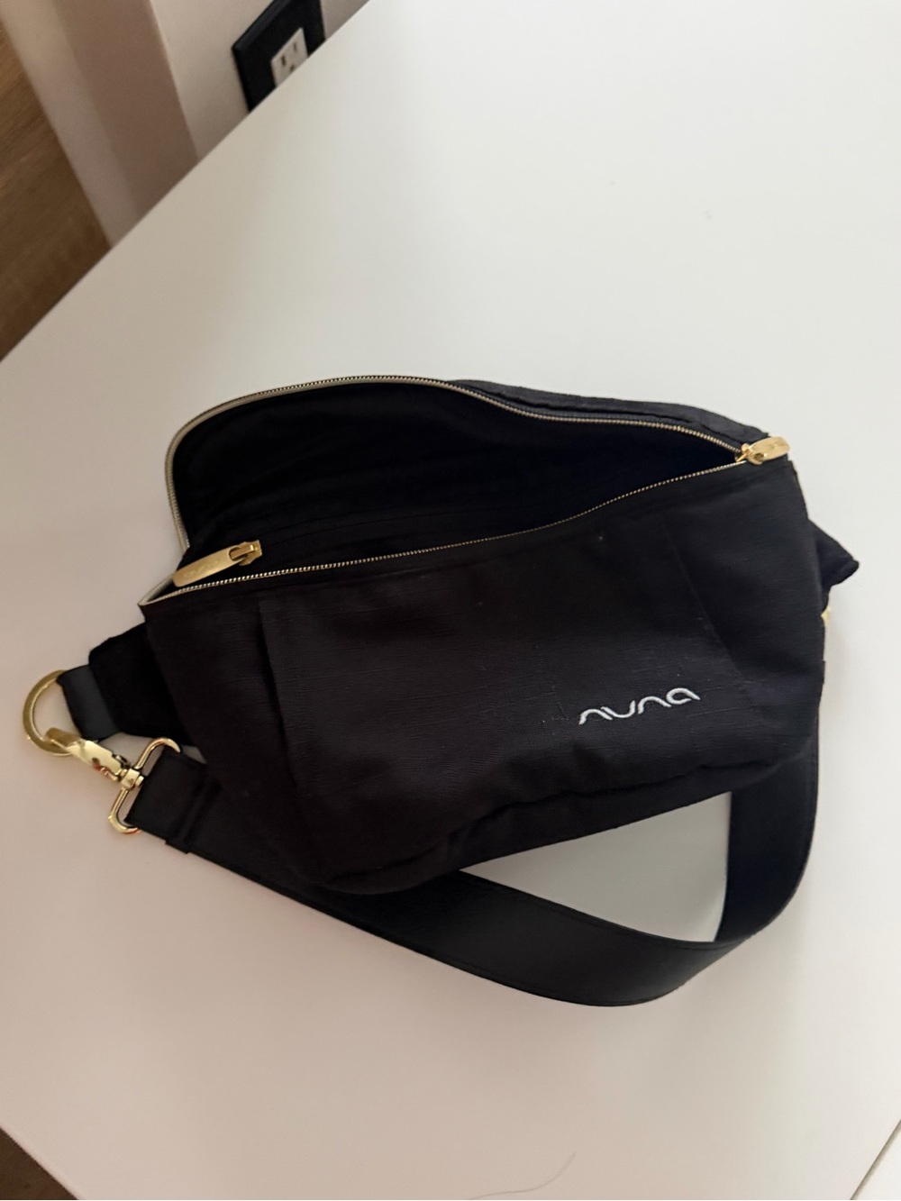 Nuna Black Crossbody Belt Bag with Gold Accents